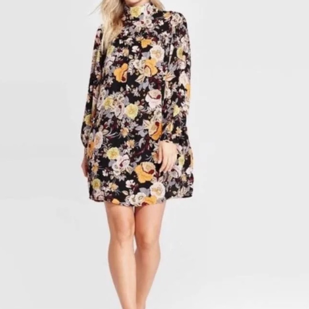Who What Wear Midnight garden High collar shoulder buttons long sleeve dress S
